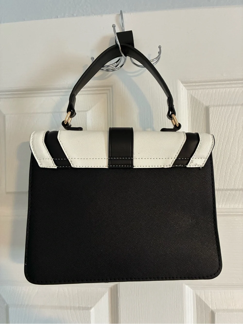 Aldo Black and White Top-Handle Satchel with Gold Lock